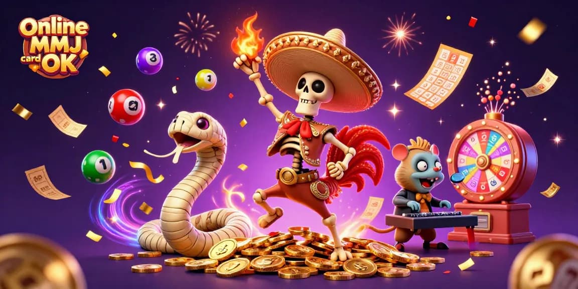 Engage in the excitement of winning with the Online MMJ card OK in a colorful casino-themed scene.