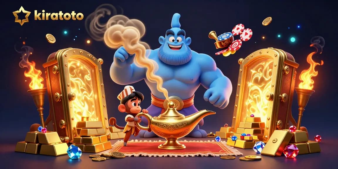 Kiratoto's exciting gambling scene with a genie, monkey, and poker chips, showcasing vibrant casino energy.