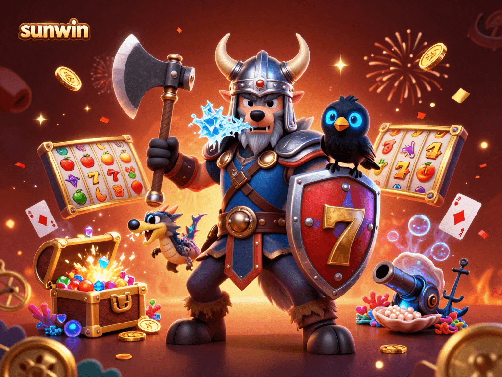Spin to win at sunwin with a dynamic Viking, ice dragon, and glowing raven amidst vibrant casino chaos!