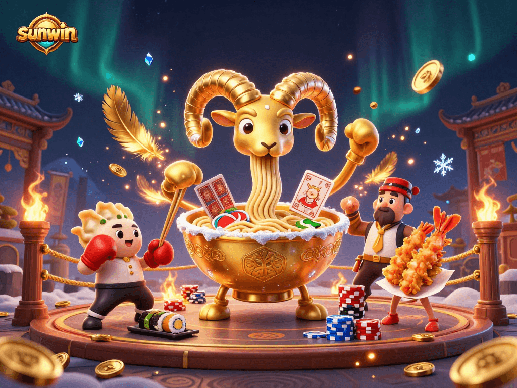 Sunwin showcases a thrilling casino theme with a giant ramen bowl dealer and vibrant game elements.