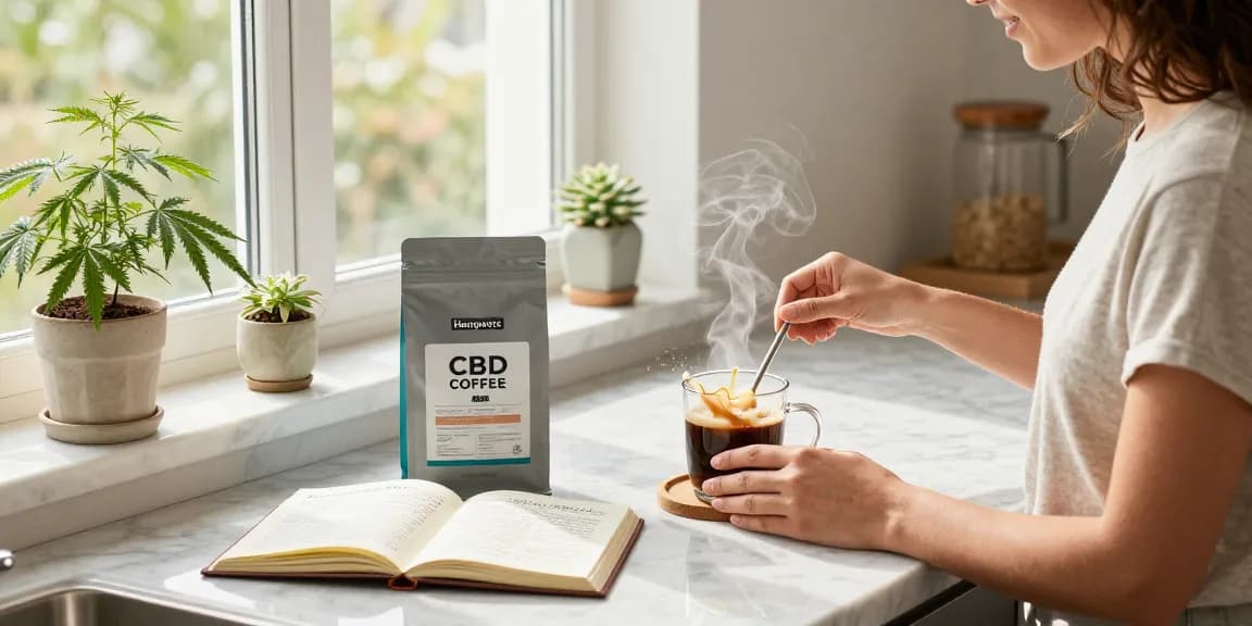 Premium Instant Coffee with CBD in lifestyle scene featuring a warm morning ritual and wellness products