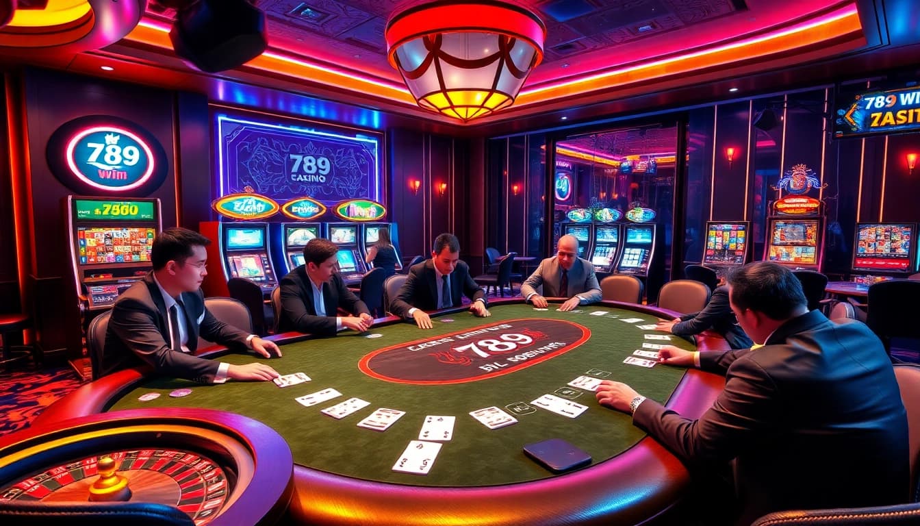 Players engaged in a high-stakes game at a luxurious casino showcasing 789 win excitement.