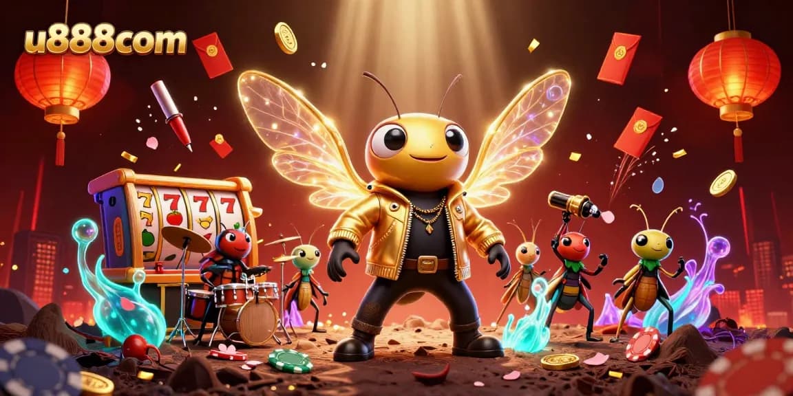 Experience exciting gaming with u888com's vibrant 3D casino artwork featuring a cicada rock star.