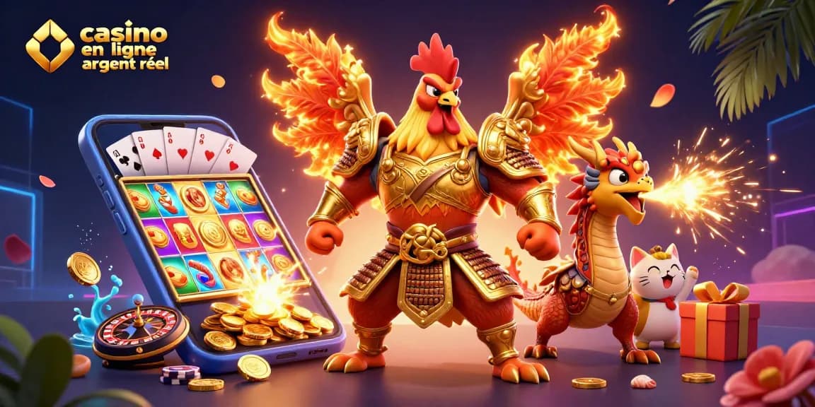 Jouez au casino en ligne argent réel avec cette illustration dynamique de personnages de jeux.