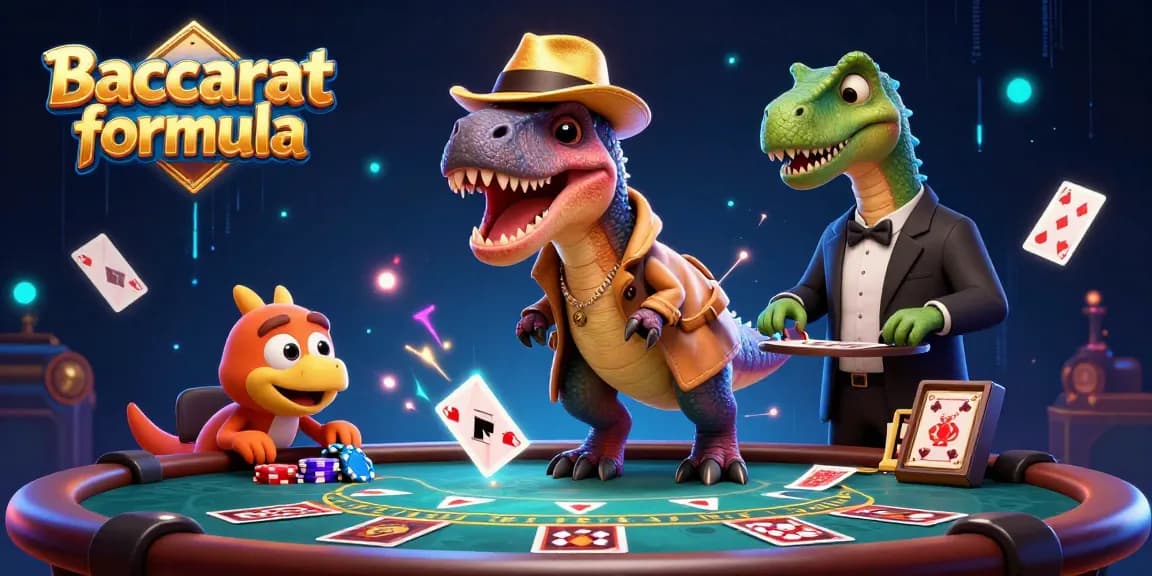 Baccarat formula illustration featuring a clever velociraptor at a baccarat table with casino elements around.
