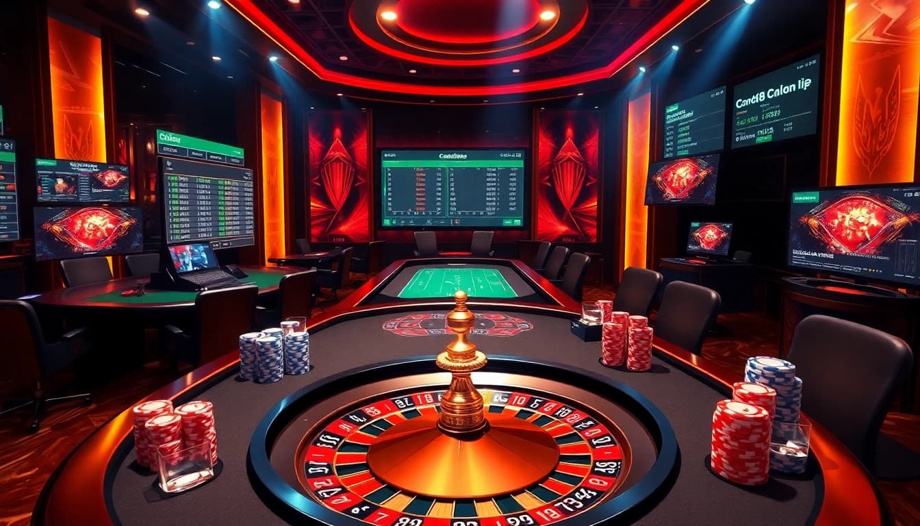 Experience the thrill of online gambling at http://mm88.center/ with vibrant gaming tables and poker chips.
