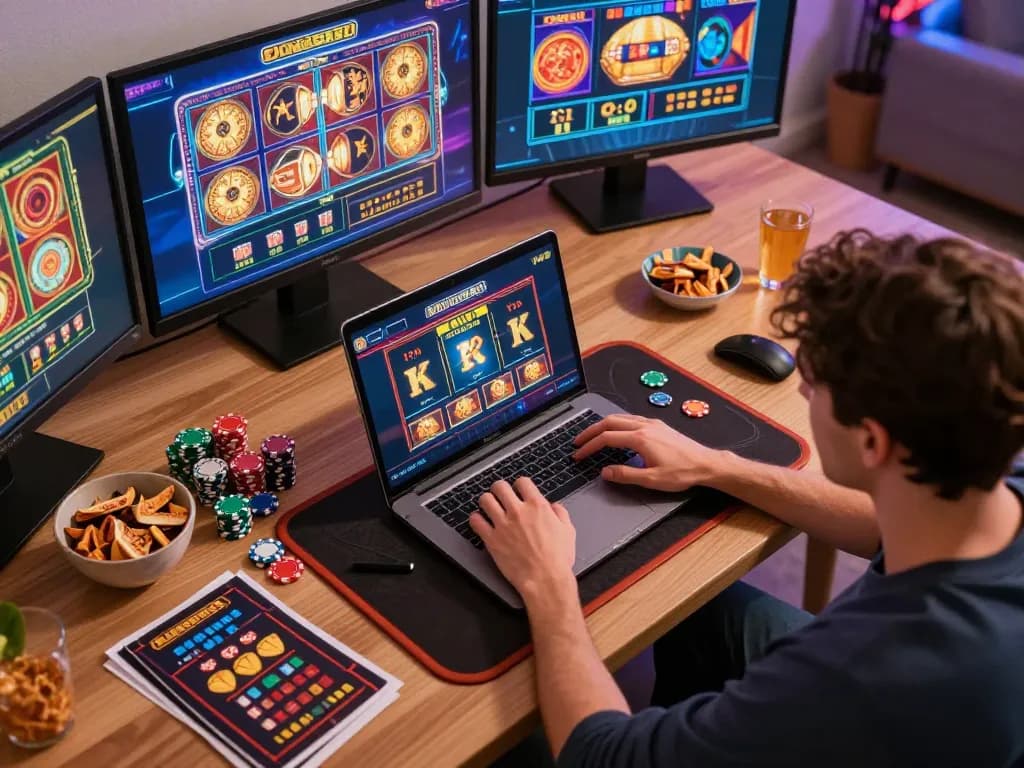Player engaging in slot bet kecil gaming at home with laptop and colorful chips, showcasing a vibrant online gaming atmosphere.