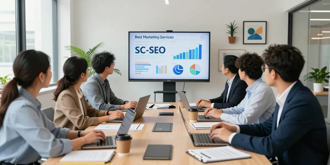 Team strategizing in a modern office, focusing on best seo services.