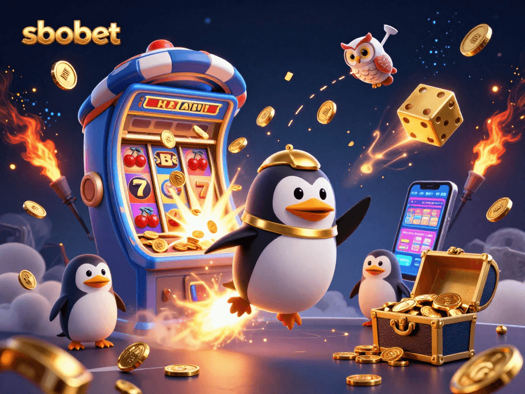 Experience sbobet's excitement as a golden penguin rockets towards a dazzling casino space station.