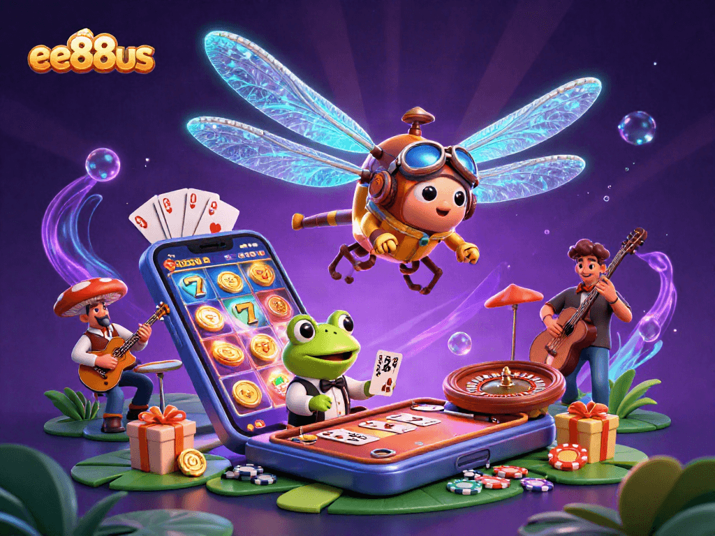 Experience the excitement of ee88us with a vibrant 3D casino scene featuring lively characters and games.