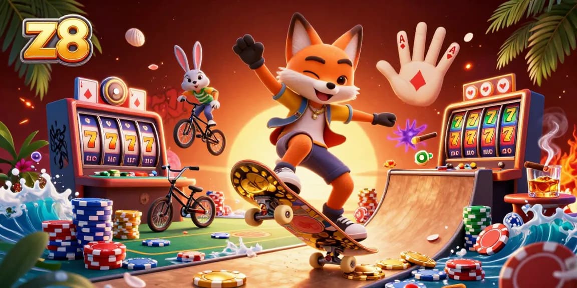 Experience thrilling gaming adventures at z8 as a fox performs tricks over golden poker chips.