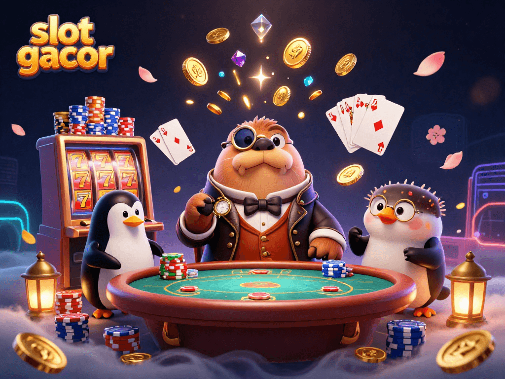 Experience 'slot gacor' excitement with a whimsical underwater poker scene featuring lively characters and vibrant game elements.
