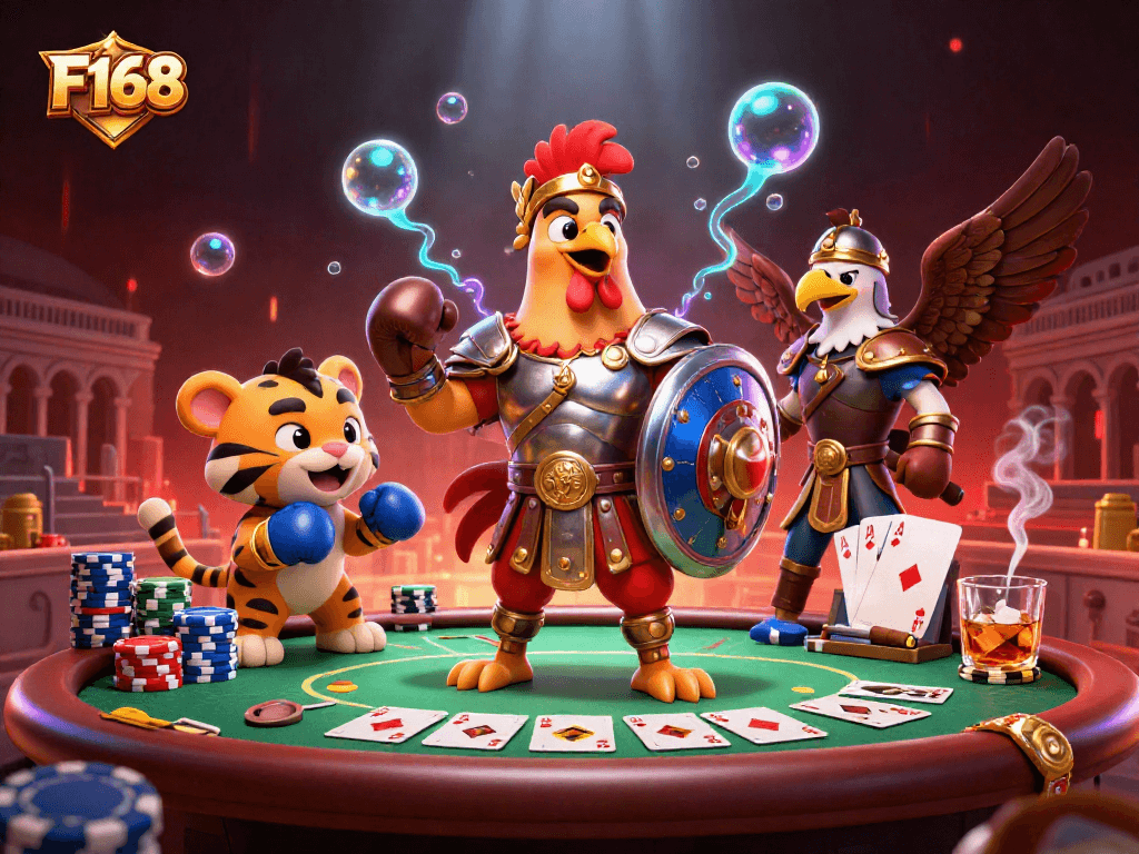 Join the excitement of F168 with a lively poker scene featuring a gladiator-themed 3D illustration.