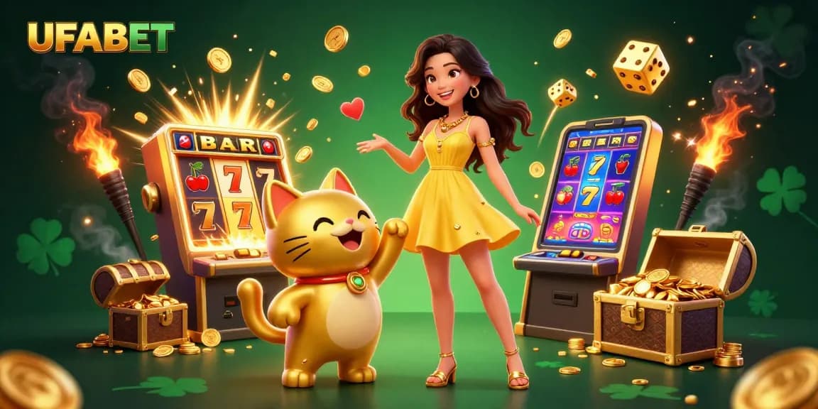 Win big at UFABET with our vibrant casino scene featuring slot machines and golden treasures.