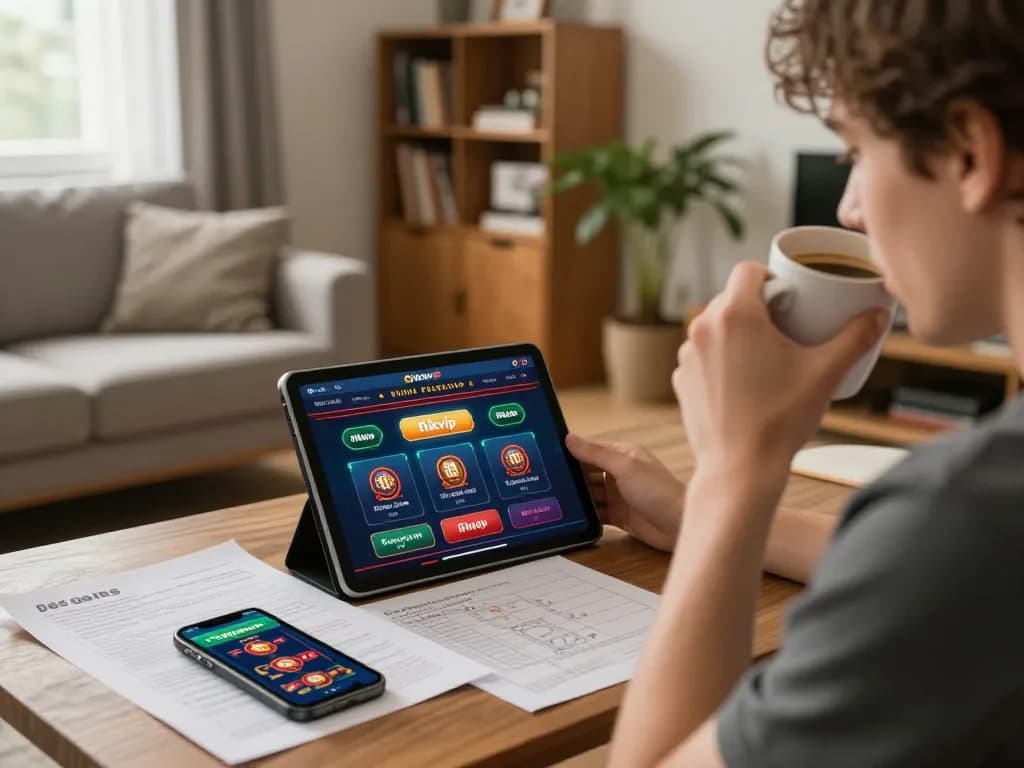 Engaging with rikvip casino app on tablet in a cozy home environment, showcasing responsible gaming.