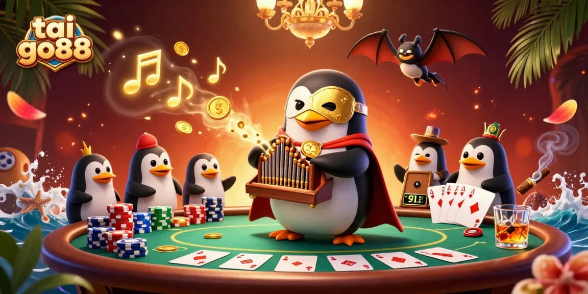 Engage in tai go88 with a vibrant 3D scene featuring a phantom penguin playing music amidst poker chips and golden coins.