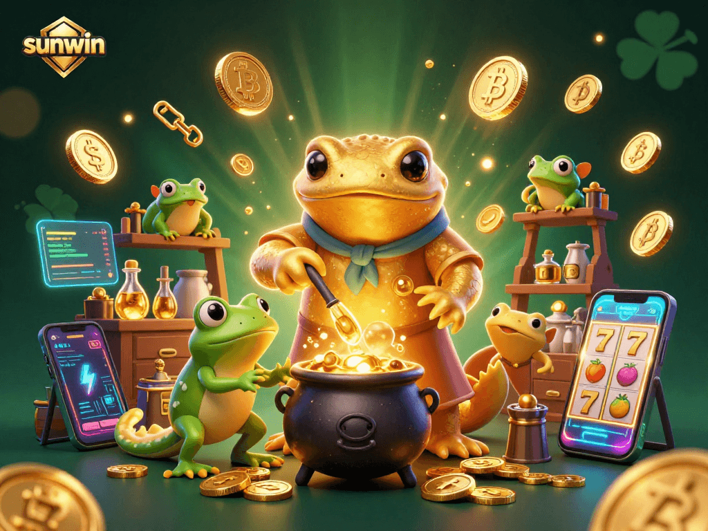 Engage with the sunwin platform as a golden salamander alchemist transforms base metals to riches in this vibrant casino scene.