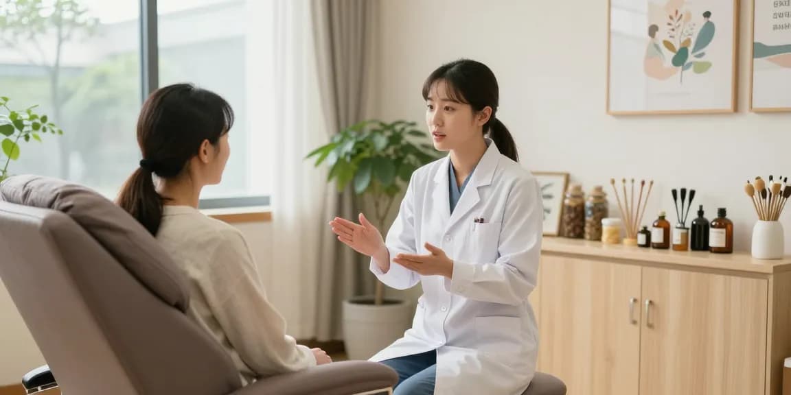Consultation at 영통한의원 with health professional and patient in a calming treatment room