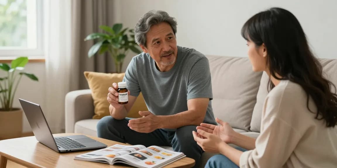 Vidalista bottle in a cozy home setting with a couple discussing erectile dysfunction solutions.
