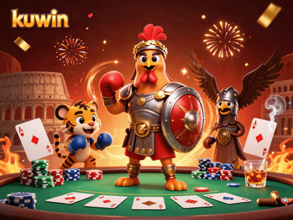 Kuwin showcases a vibrant 3D scene of a gladiator rooster and tiger cub amidst poker action.
