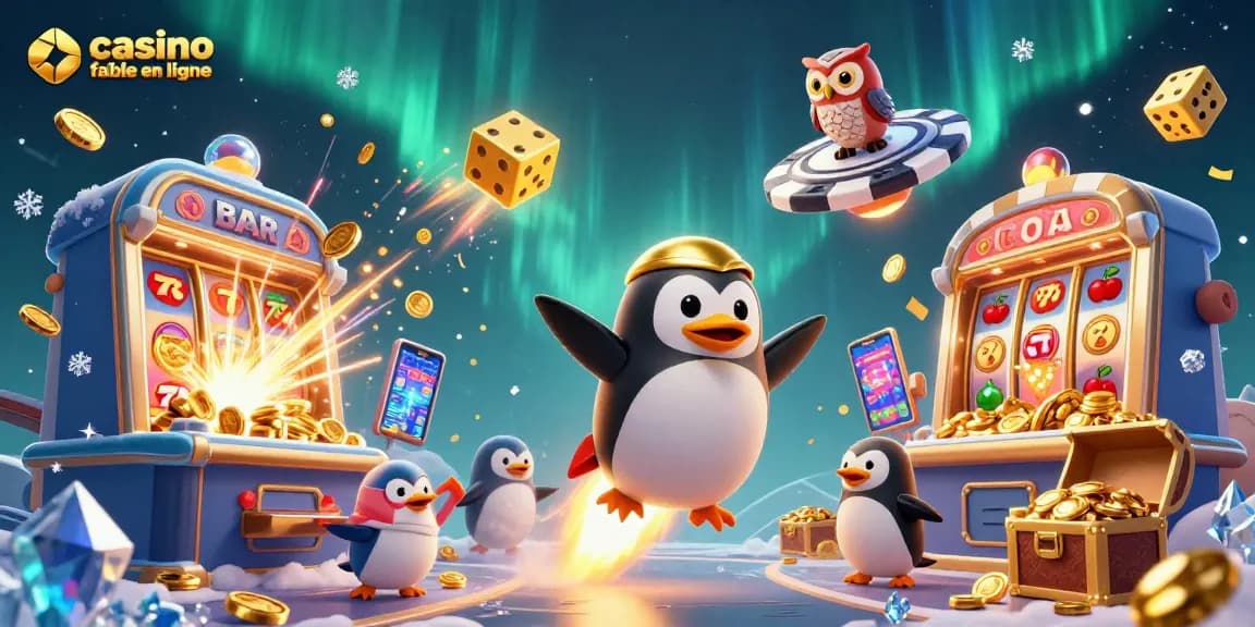 Visualisez le casino fiable en ligne avec un pingouin doré propulsé par fusée à travers l'espace.