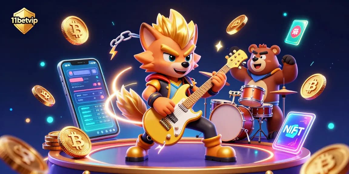 Engage with 11betvip's vibrant casino scene featuring a rock star wolf and crypto motifs.