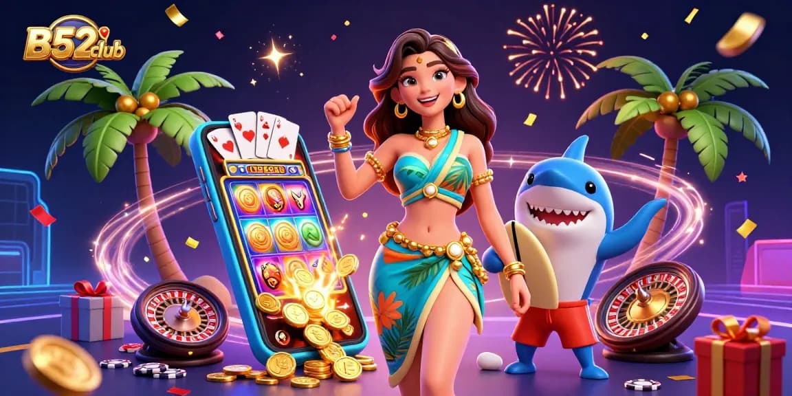 B52club offers thrilling casino action with a glamorous woman, a surfing shark, and dynamic game elements.
