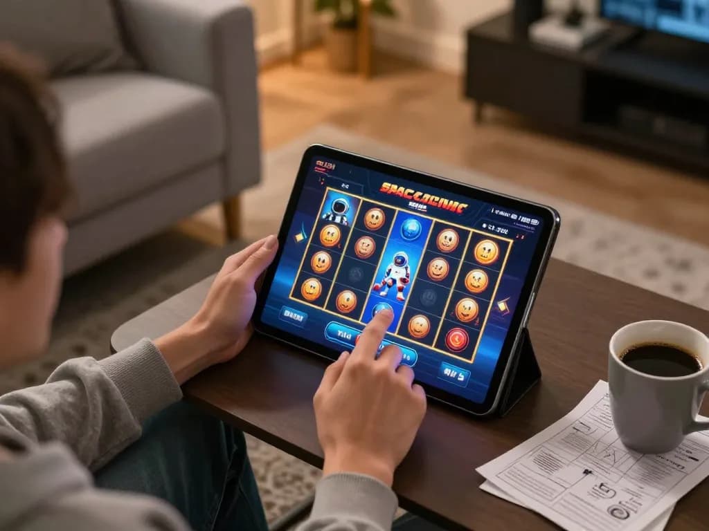 Engaging moment playing slot spaceman on a tablet in a cozy home setup, ready to spin.