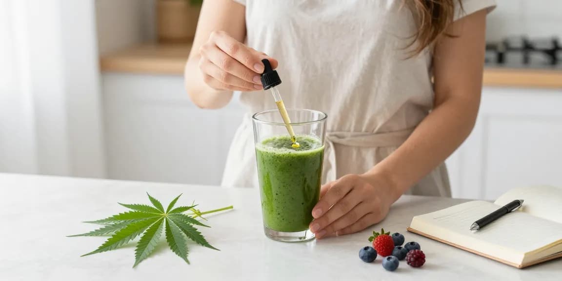 Comprar cbd online: Aceite de CBD en cocina luminosa junto a ingredientes naturales y diario de bienestar.