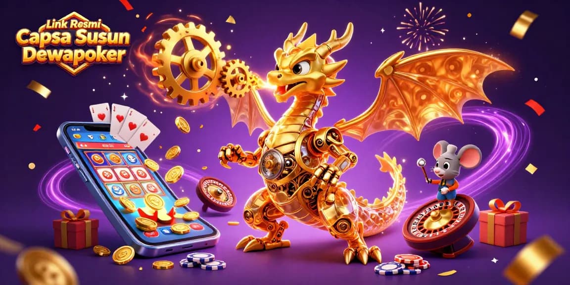 Experience the thrill of Link Resmi Capsa Susun Dewapoker with a dynamic gaming scene featuring a golden dragon and exciting game elements.