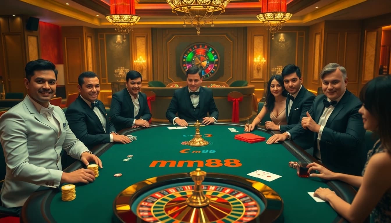 Experience the thrill of gambling at mm88 with an exciting poker table scene.