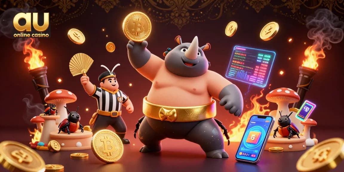 Experience the thrill of the au online casino with a cartoon beetle champion amid flying coins and crypto elements.