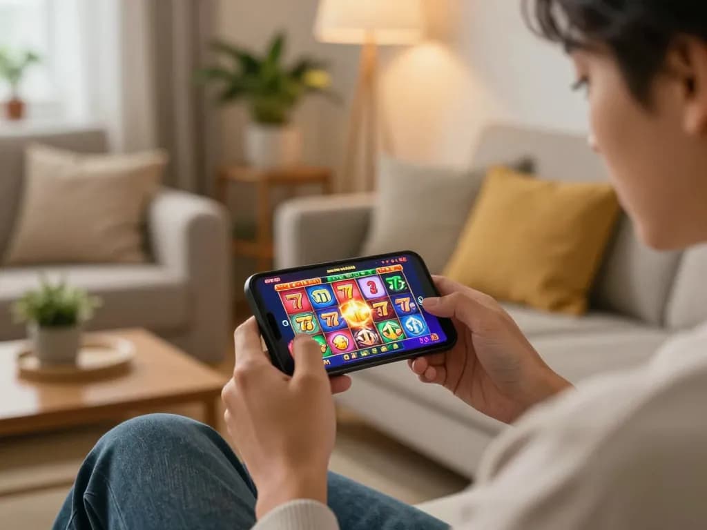 Engaging moment of user playing slot777 on smartphone with vibrant graphics displayed
