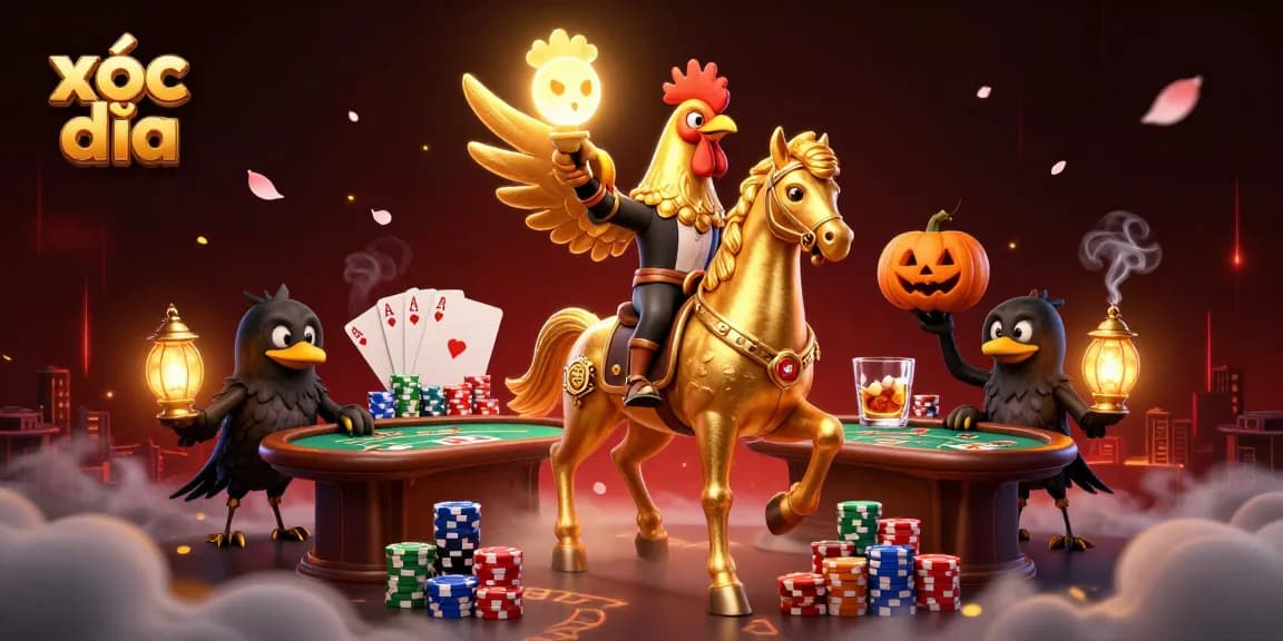 Xóc đĩa game experience highlighted with a golden rooster amidst vibrant casino elements.