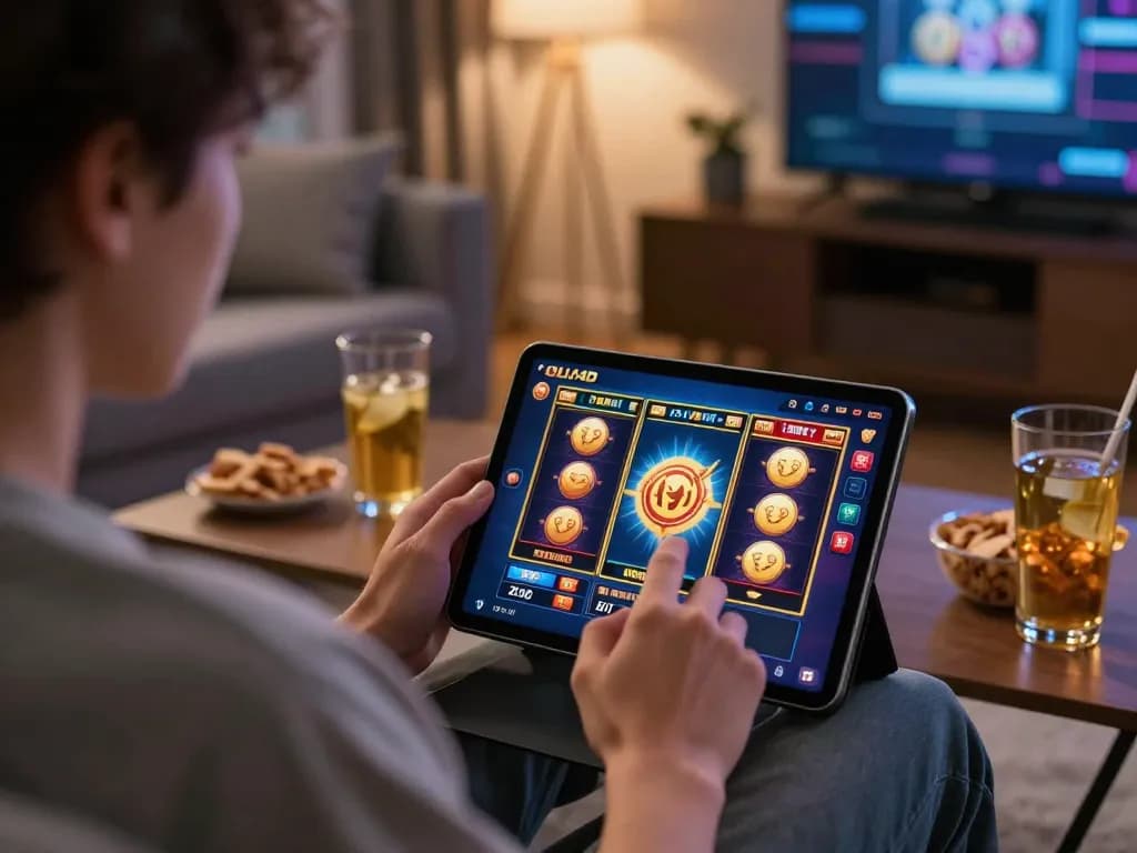 Engaging online gaming moment on OLI4D tablet with vivid slot game display from a cozy living room.