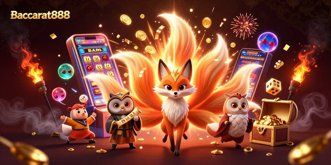Baccarat888 delivers dynamic gameplay with a vibrant fox spirit and owl, showcasing thrilling winning moments and colorful casino elements.