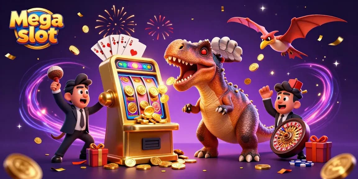 Permainan mega slot dengan dinosaur 3D dan mesin slot menghasilkan koin jackpot yang berkilauan.