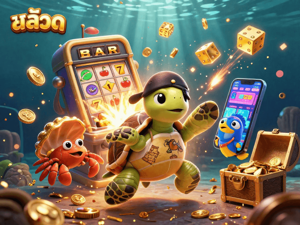Engaging scene showcasing the excitement of สล็อต with a 3D pirate turtle amidst jackpots and casino thrills.