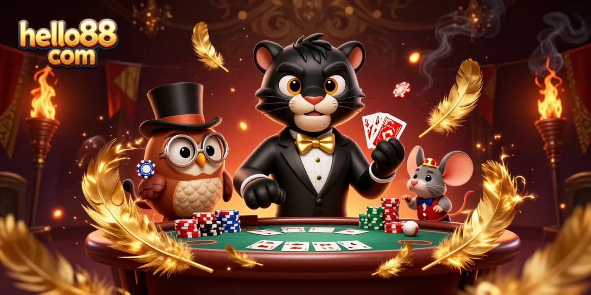 Engage in thrilling poker stakes at hello88 com, featuring a stylish panther dealer amidst vibrant casino elements.