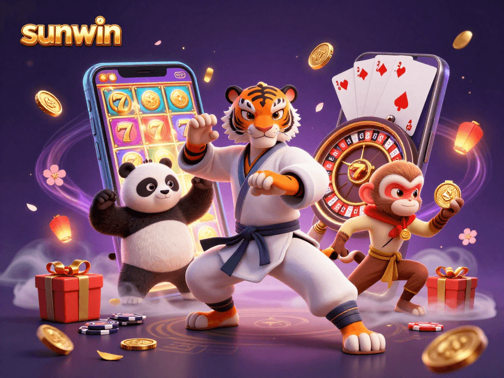 Experience thrilling gaming action with sunwin, showcasing a kung fu master amidst dynamic casino elements.