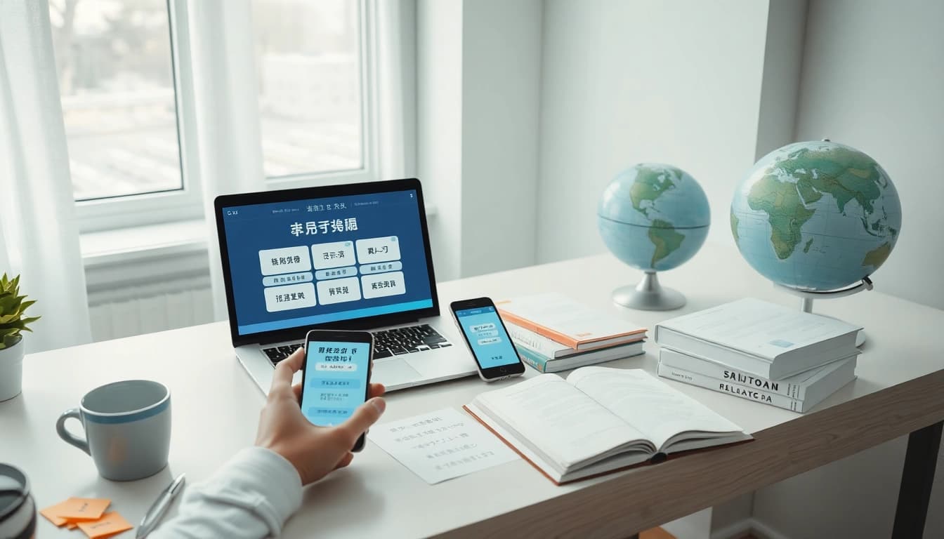 Youdao翻译's user-friendly interface showcased in a modern translation workspace with digital devices and language resources.