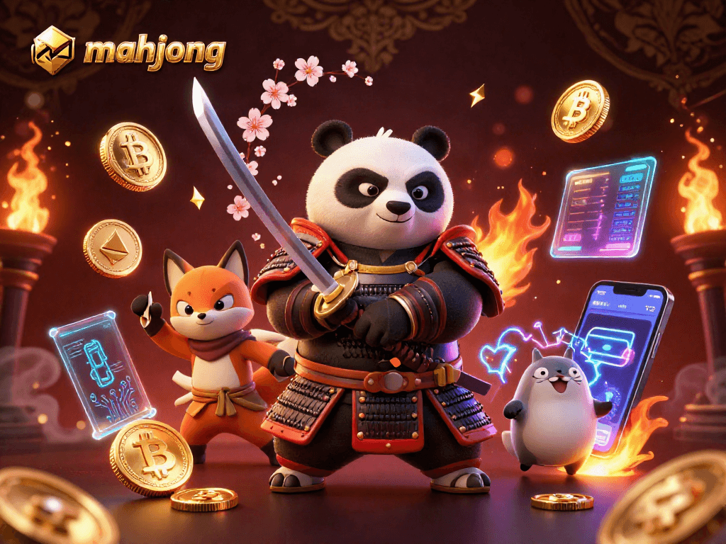 Engage in mahjong gaming with a dynamic scene featuring a samurai panda and floating spirit tanuki.