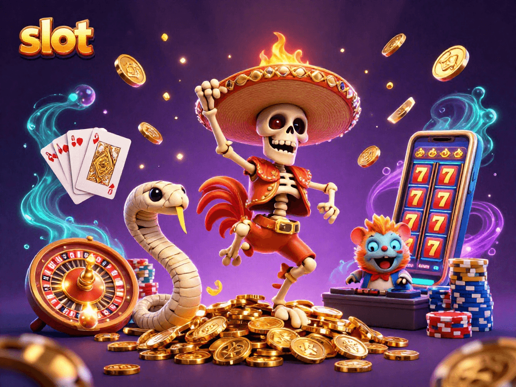 Slot-themed celebration with a dancing skeleton rooster, mummy snake, and DJ hamster.
