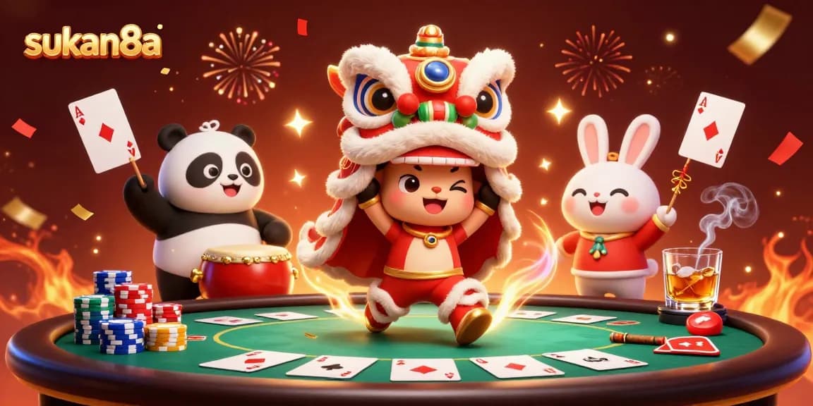 Sukan8a shows a lively casino scene with dancing characters and poker elements, creating an exciting atmosphere.