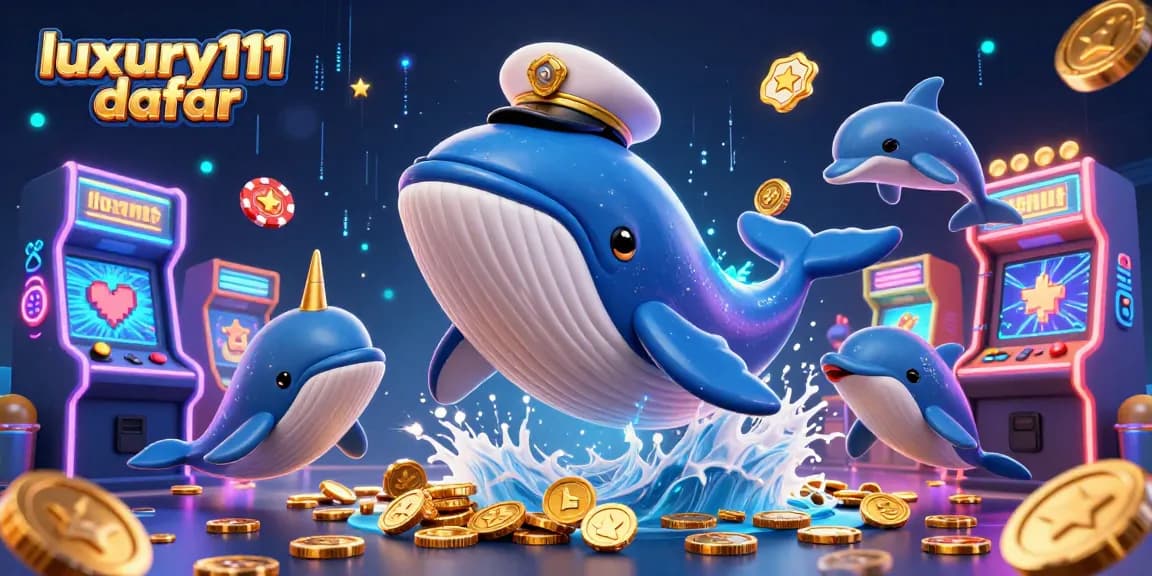 Experience the excitement of luxury111 daftar with this vibrant casino-themed illustration featuring playful marine characters.