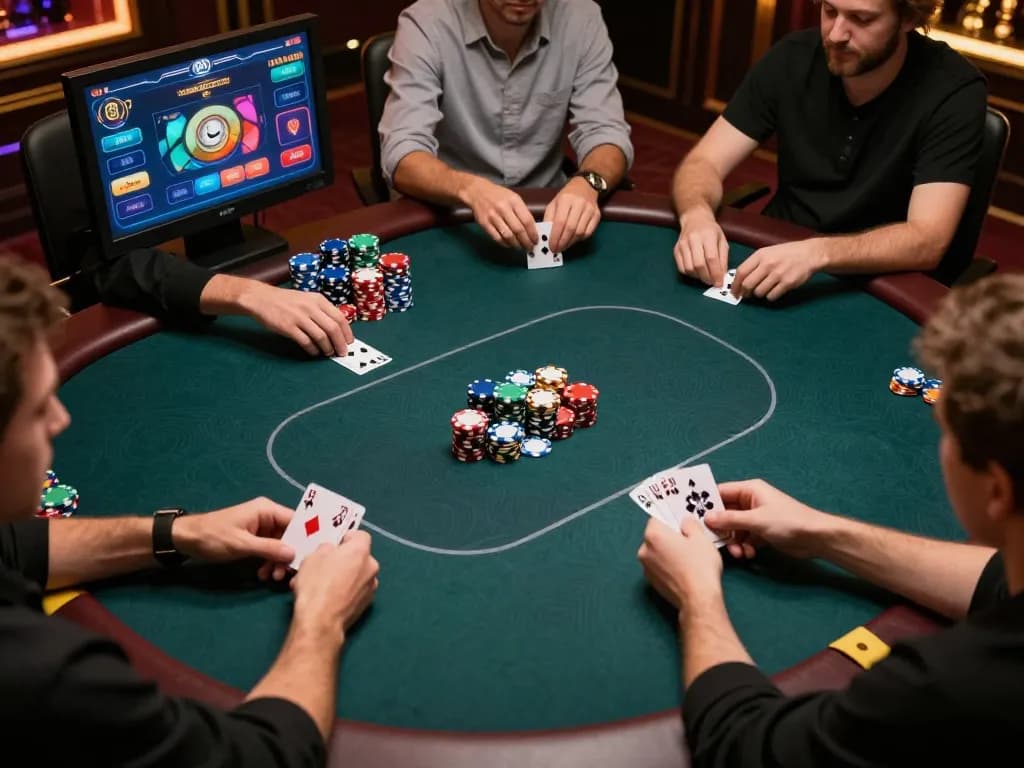 Players engaged in a lively online poker game, showcasing 77789vip's dynamic gaming experience with vibrant interfaces.