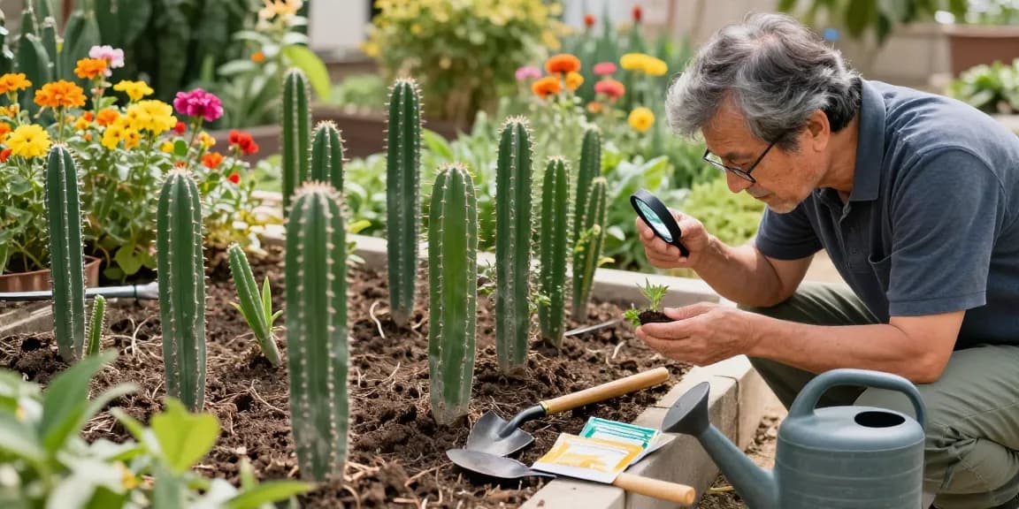 Carefully examining Lophophora Williamsii seedlings in a vibrant garden showcasing San Pedro Powder's benefits.