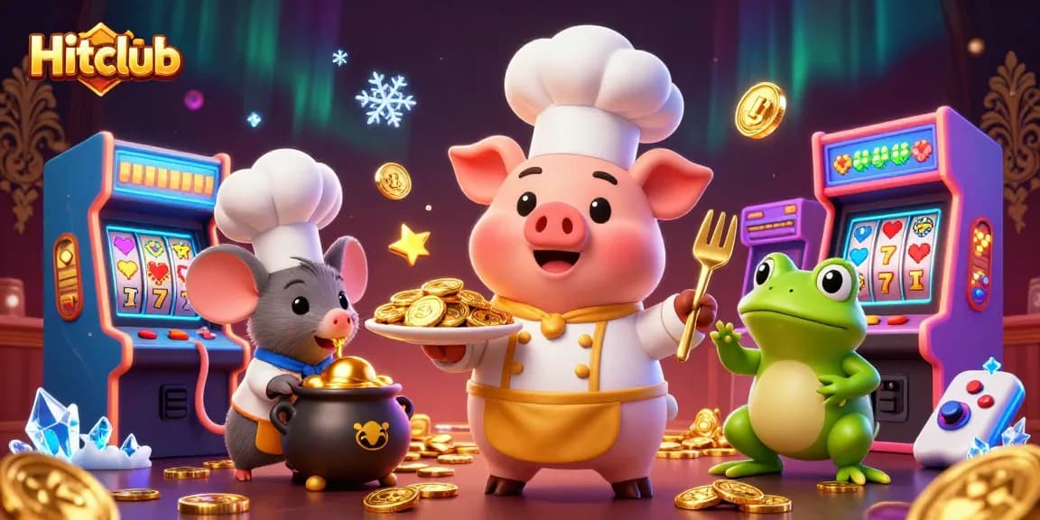 Winning at Hitclub with golden coins, arcade machines, and casino elements in vibrant 3D