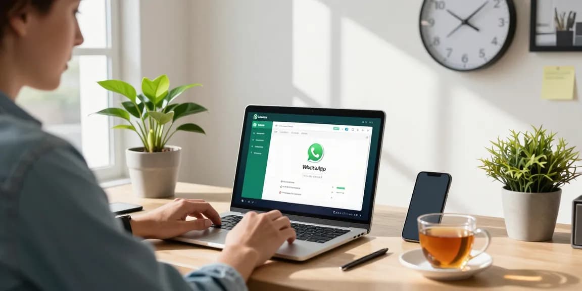 Using WhatsApp電腦版 on a laptop in a modern home office setup with natural light.