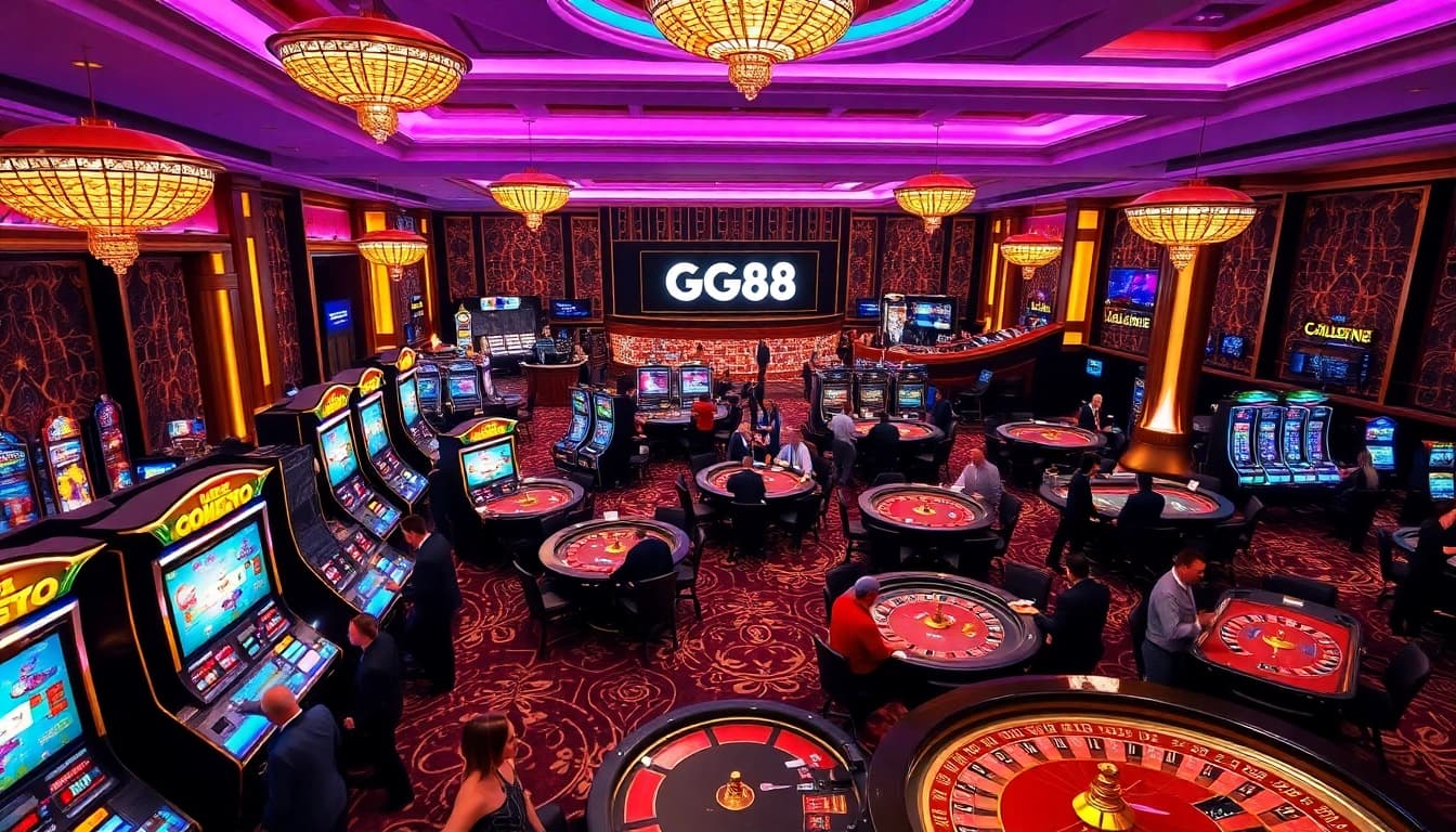 Exciting gaming atmosphere with GG88 branding, featuring poker, slots, and roulette.